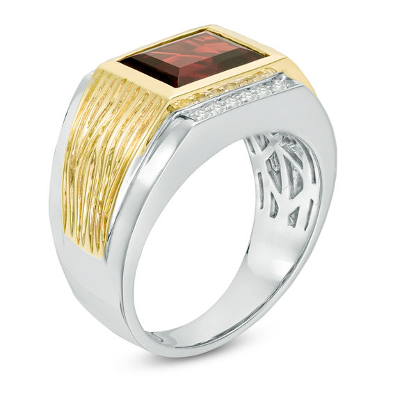 Baguette Garnet and Lab-Created White Sapphire Signet Ring in Sterling Silver and 10K Gold