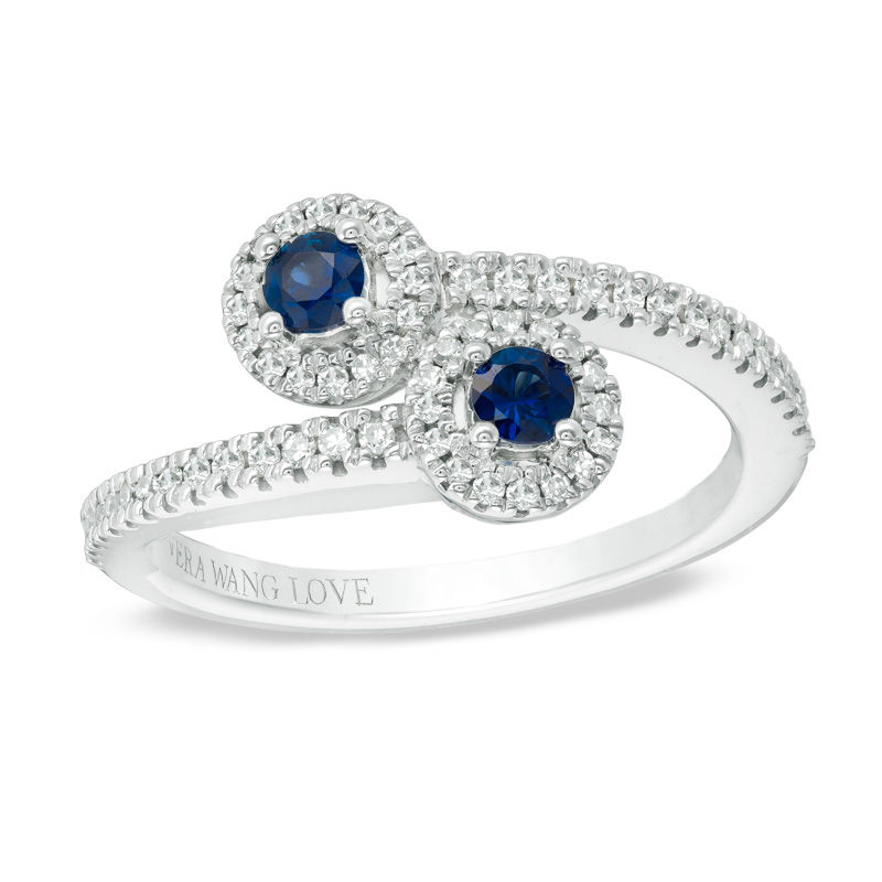 Main Image 1 of Vera Wang Love Collection Blue Sapphire and 1/5 CT. T.W. Diamond Bypass Ring in Sterling Silver
