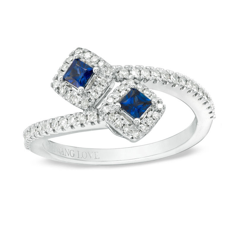 Main Image 1 of Vera Wang Love Collection Princess-Cut Blue Sapphire and 1/5 CT. T.W. Diamond Bypass Ring in Sterling Silver