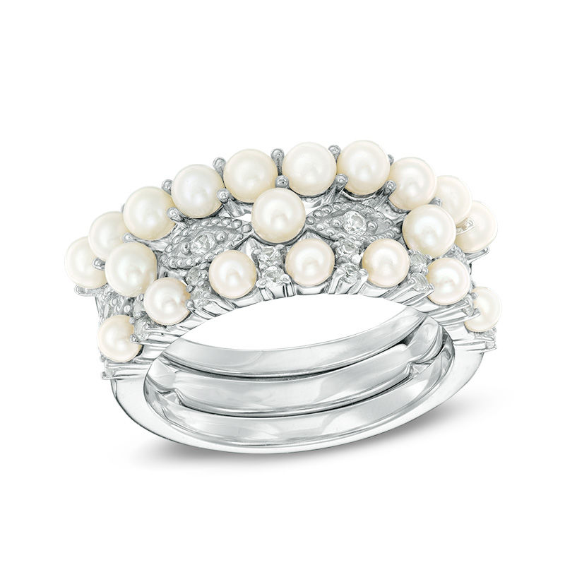 Main Image 1 of Freshwater Cultured Pearl and Lab-Created White Sapphire Stackable Three Ring Set in Sterling Silver