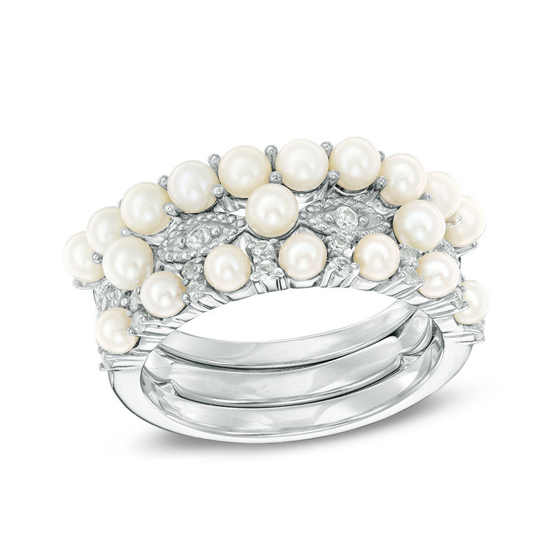 Cultured Freshwater Pearl and Lab-Created White Sapphire Stackable Three Ring Set in Sterling Silver