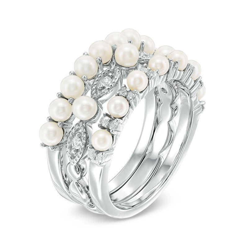 Main Image 2 of Freshwater Cultured Pearl and Lab-Created White Sapphire Stackable Three Ring Set in Sterling Silver