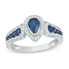 Thumbnail Image 1 of Pear-Shaped Blue Sapphire and 1/5 CT. T.W. Diamond Frame Ring in 10K White Gold