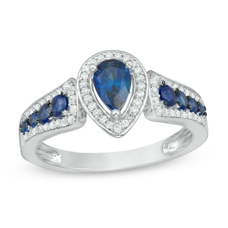 Main Image 1 of Pear-Shaped Blue Sapphire and 1/5 CT. T.W. Diamond Frame Ring in 10K White Gold