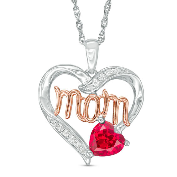 6.0mm Lab-Created Ruby and White Sapphire Mom Heart Pendant in Sterling Silver with 10K Rose Gold