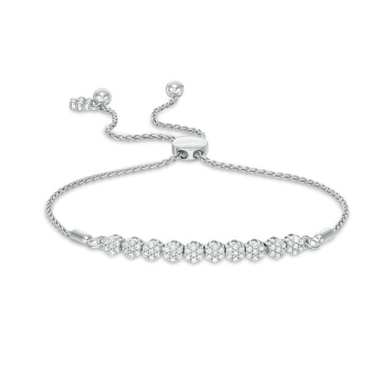 1/2 CT. T.w. Diamond Flower Cluster Bar Bolo Bracelet in 10K White Gold - 9.0"