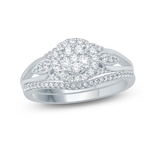 1/2 CT. T.w. Composite Diamond Flower Frame Petal-Sides Bridal Set in 10K White Gold