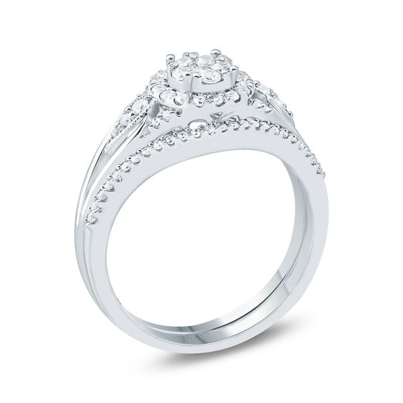 1/2 CT. T.w. Composite Diamond Flower Frame Petal-Sides Bridal Set in 10K White Gold