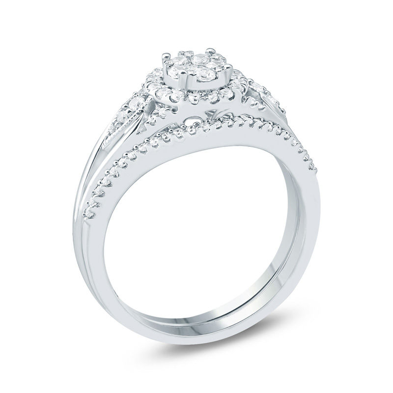 Main Image 2 of 1/2 CT. T.W. Composite Diamond Flower Frame Petal-Sides Bridal Set in 10K White Gold