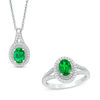 Thumbnail Image 1 of Oval Lab-Created Emerald and White Sapphire Frame Pendant and Ring Set in Sterling Silver - Size 7