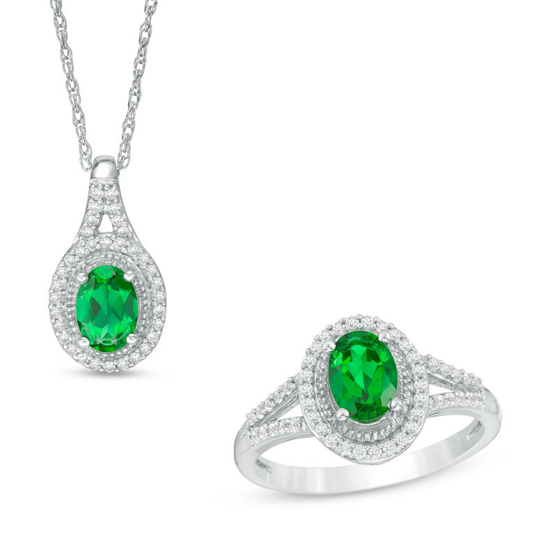 Main Image 1 of Oval Lab-Created Emerald and White Sapphire Frame Pendant and Ring Set in Sterling Silver - Size 7