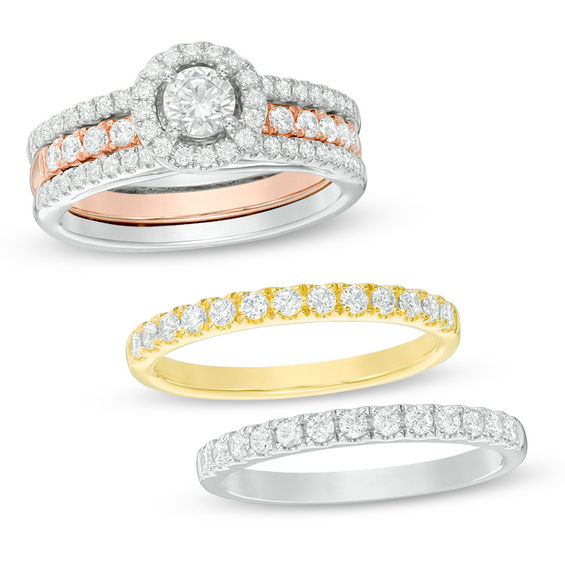 1-5/8 CT. T.w. Diamond Frame Four Piece Bridal Set in 14K Tri-Tone Gold
