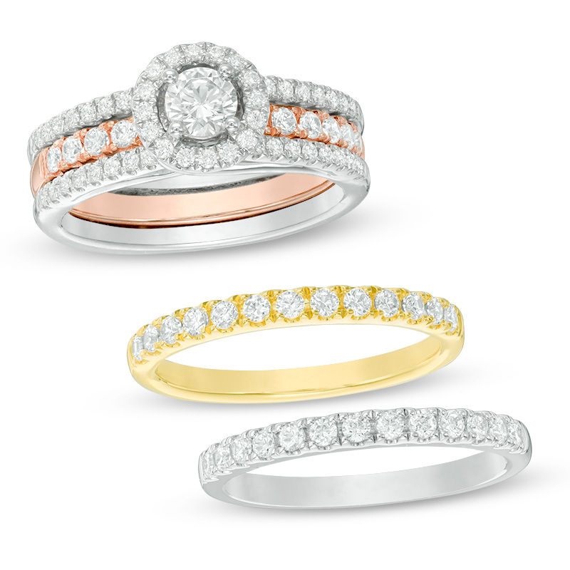 Main Image 1 of 1-5/8 CT. T.W. Diamond Frame Four Piece Bridal Set in 14K Tri-Tone Gold