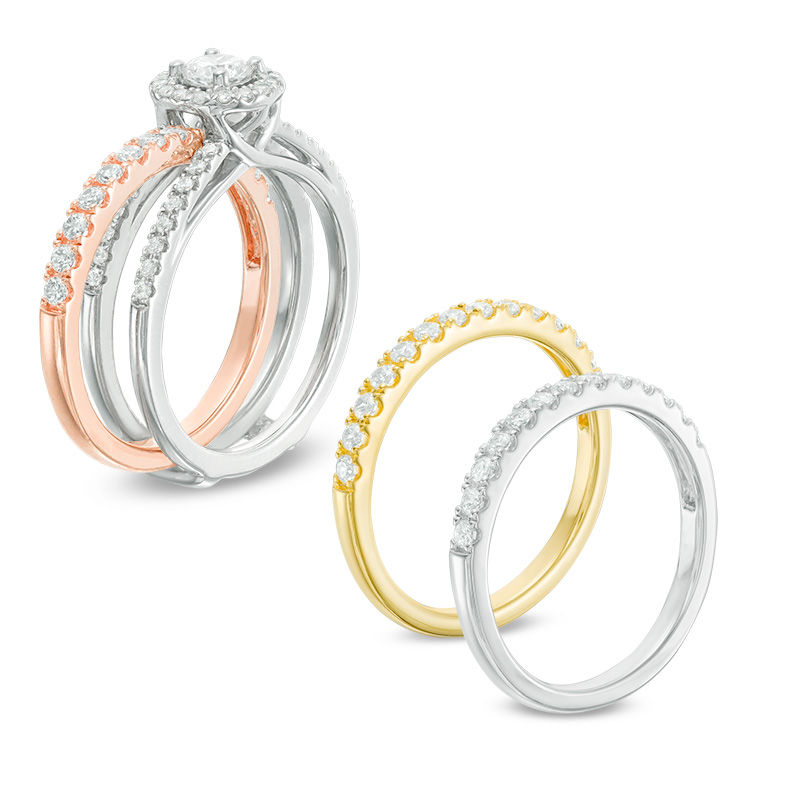 Main Image 2 of 1-5/8 CT. T.W. Diamond Frame Four Piece Bridal Set in 14K Tri-Tone Gold