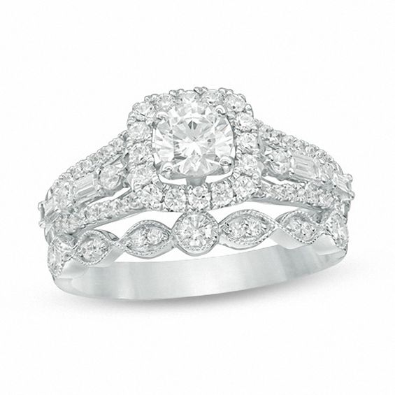 1-1/5 CT. T.w. Diamond Cushion Frame Bridal Set in 14K White Gold