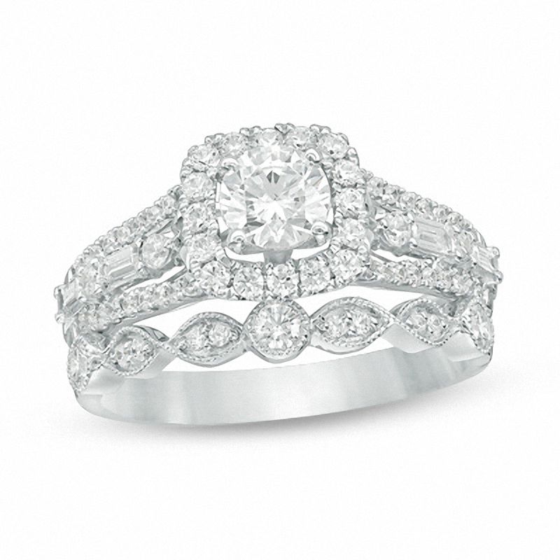 Main Image 1 of 1-1/5 CT. T.W. Diamond Cushion Frame Bridal Set in 14K White Gold
