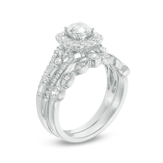 1-1/5 CT. T.w. Diamond Cushion Frame Bridal Set in 14K White Gold