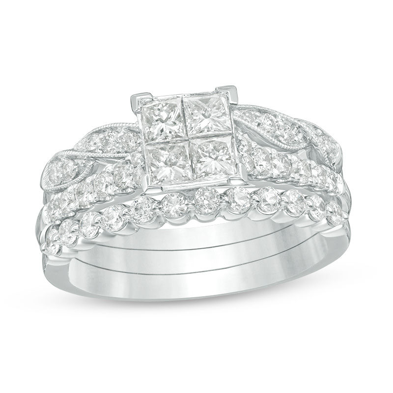 Main Image 1 of 1-1/6 CT. T.W. Quad Princess-Cut Diamond Three Piece Bridal Set in 14K White Gold