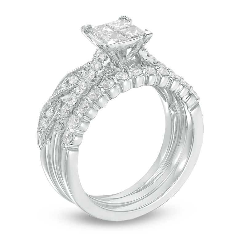Main Image 2 of 1-1/6 CT. T.W. Quad Princess-Cut Diamond Three Piece Bridal Set in 14K White Gold