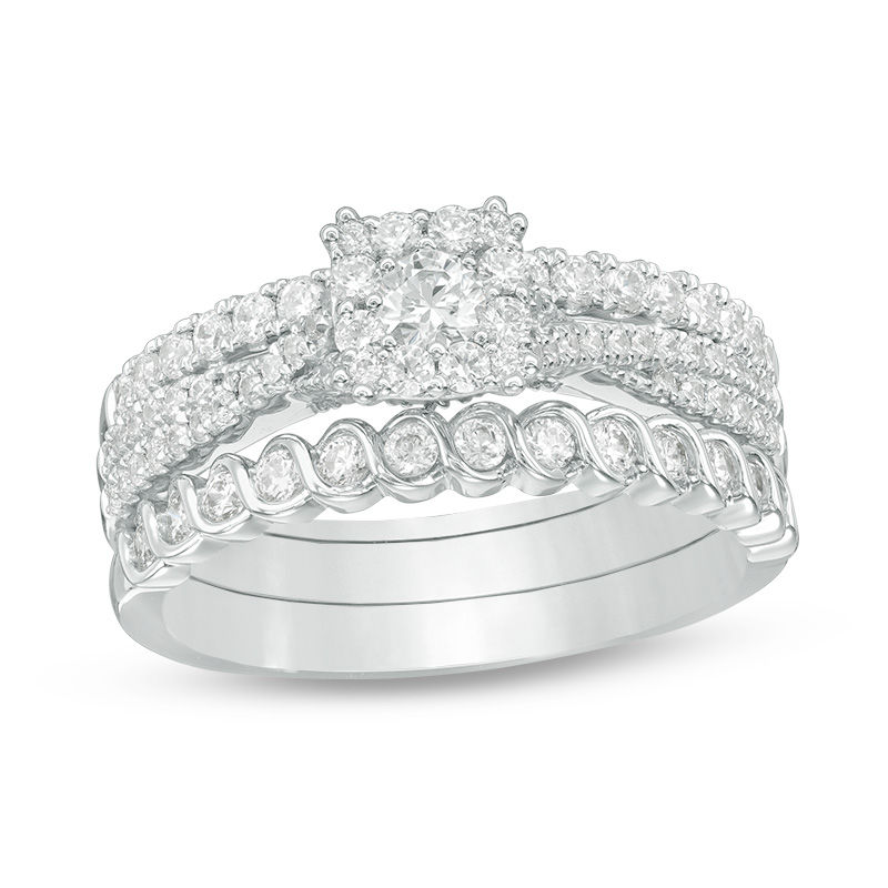 Main Image 1 of 1 CT. T.W. Diamond Cushion Frame Three Piece Bridal Set in 14K White Gold