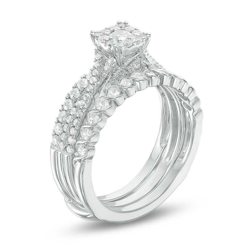 Main Image 2 of 1 CT. T.W. Diamond Cushion Frame Three Piece Bridal Set in 14K White Gold