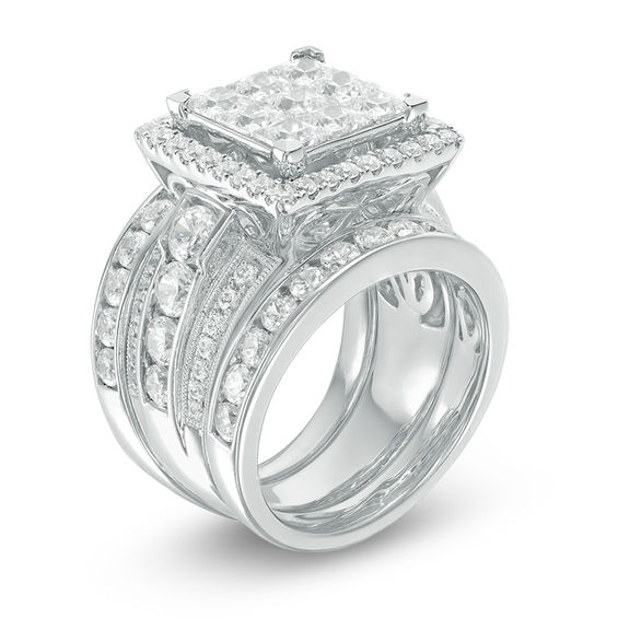 5 CT. T.w. Princess-Cut Composite Diamond Frame Three Piece Bridal Set in 14K White Gold