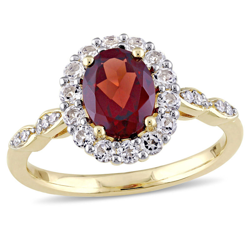 Oval Garnet, White Topaz and Diamond Accent Frame Ring in 14K Gold