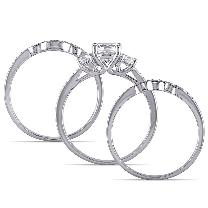 Lab-Created White Sapphire and 1/4 CT. T.W. Diamond Three Stone Three Piece Bridal Set in 10K White Gold