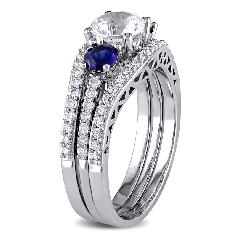 Lab-Created Blue and White Sapphire and 1/2 CT. T.W. Diamond Three ...
