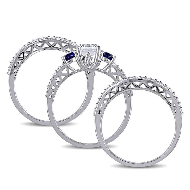 LabCreated Blue and White Sapphire and 1/2 CT. T.W. Diamond Three Stone Three Piece Bridal Set