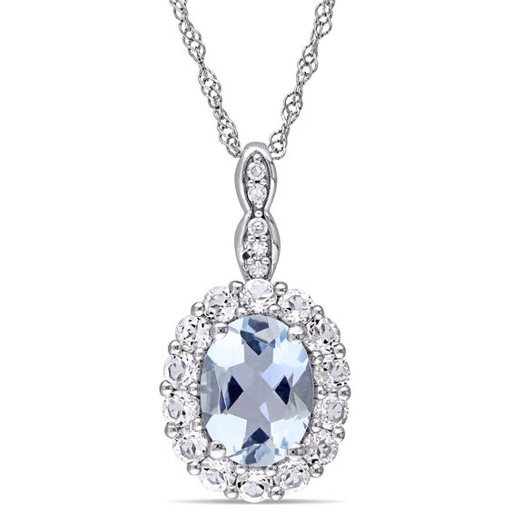 Oval Aquamarine, White Topaz and Diamond Accent Frame Pendant in 14K White Gold â 17"