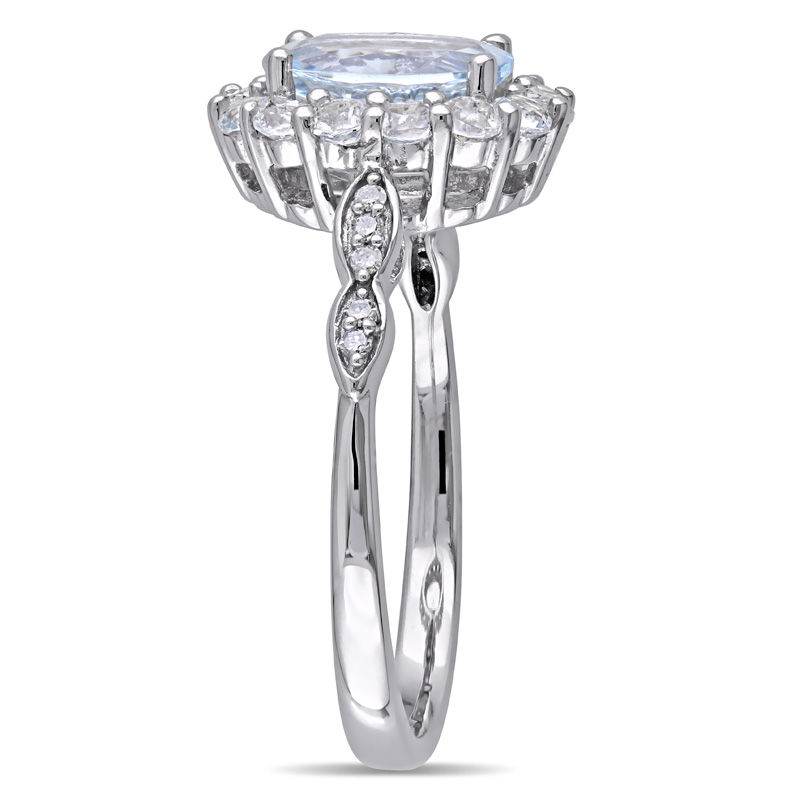 Oval Aquamarine, White Topaz and Diamond Accent Frame Ring in 14K White Gold