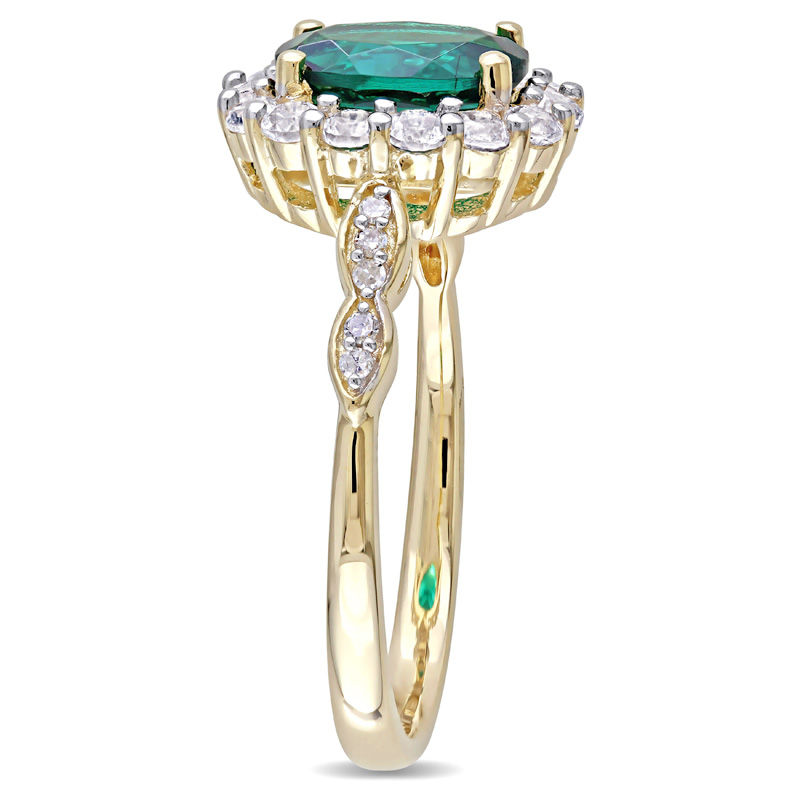 Main Image 2 of Oval Lab-Created Emerald, White Topaz and Diamond Accent Frame Ring in 14K Gold