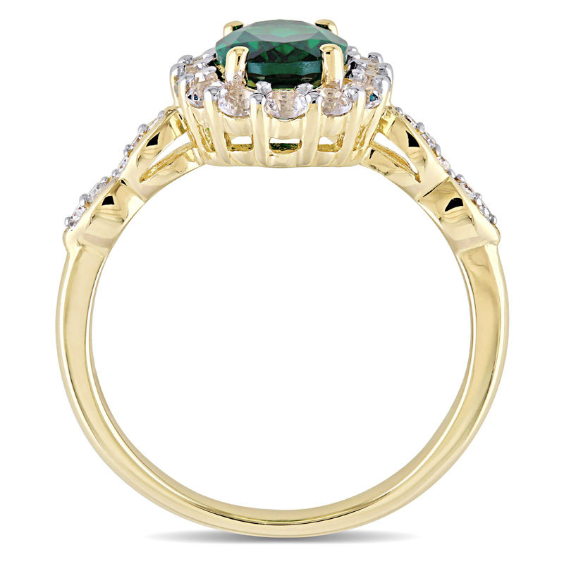 Main Image 3 of Oval Lab-Created Emerald, White Topaz and Diamond Accent Frame Ring in 14K Gold