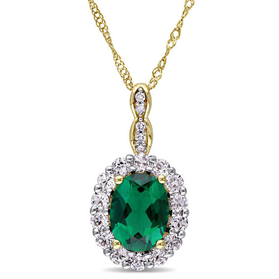 Oval Lab-Created Emerald, White Topaz and Diamond Accent Frame Pendant in 14K Gold – 17" Oval Lab-Created Emerald, White Topaz and Diamond Accent Frame Pendant in 14K Gold – 17"