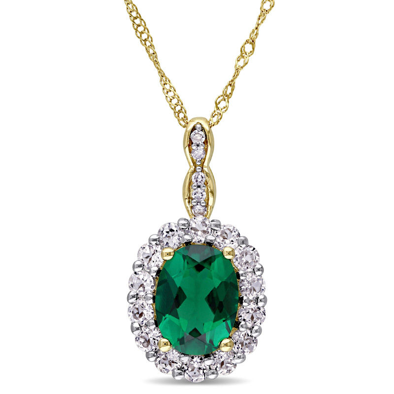 Oval Lab-Created Emerald, White Topaz and Diamond Accent Frame Pendant in 14K Gold – 17"