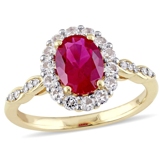 Oval Lab-Created Ruby, White Topaz and Diamond Accent Frame Ring 14K Gold