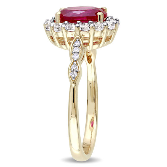 Oval Lab-Created Ruby, White Topaz and Diamond Accent Frame Ring 14K Gold