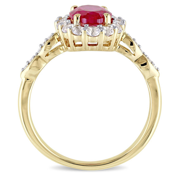 Oval Lab-Created Ruby, White Topaz and Diamond Accent Frame Ring 14K Gold