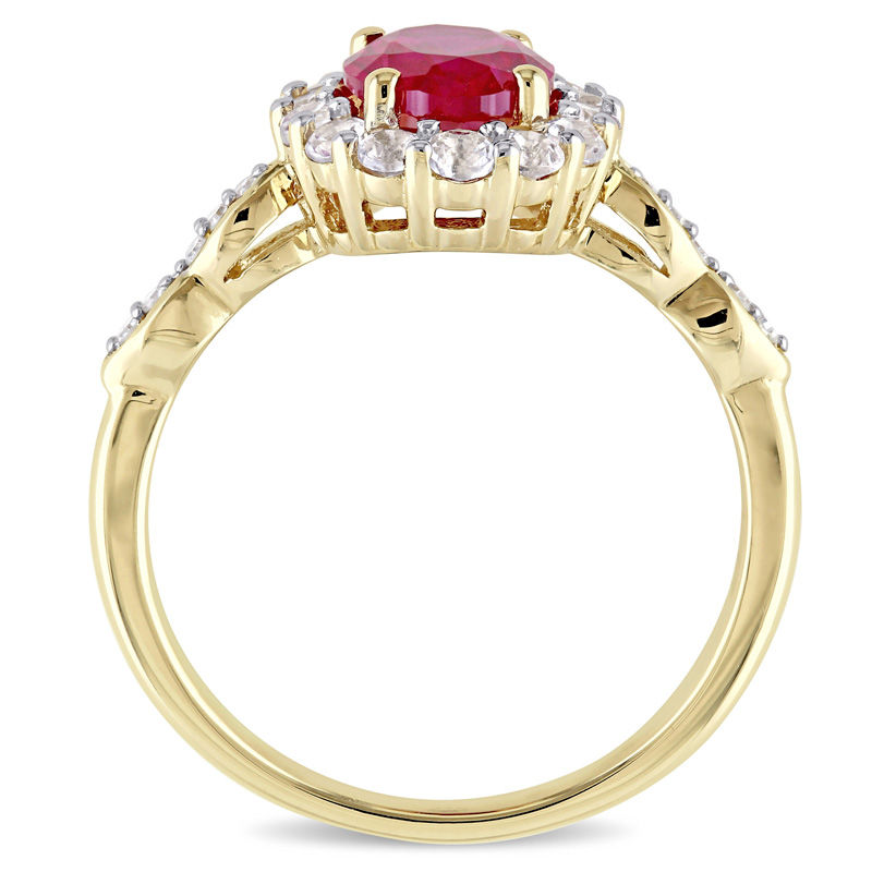 Oval Lab-Created Ruby, White Topaz and Diamond Accent Frame Ring in 14K Gold