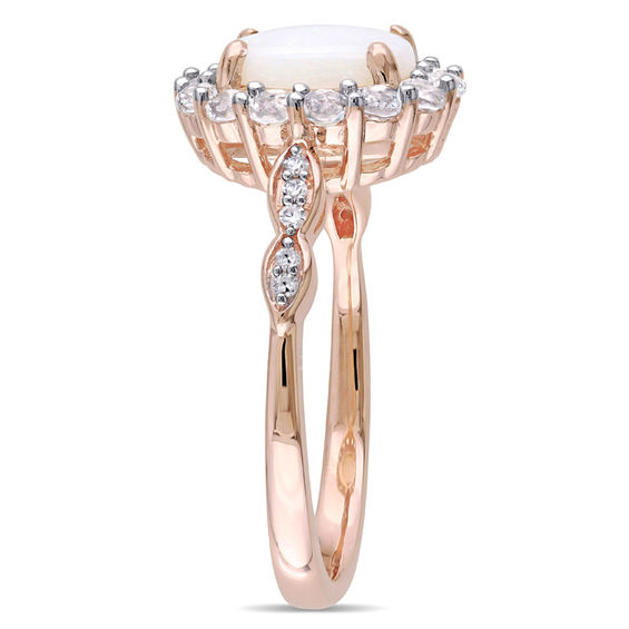 Oval Opal, White Topaz and Diamond Accent Frame Ring 14K Rose Gold
