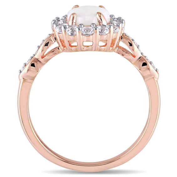 Oval Opal, White Topaz and Diamond Accent Frame Ring 14K Rose Gold