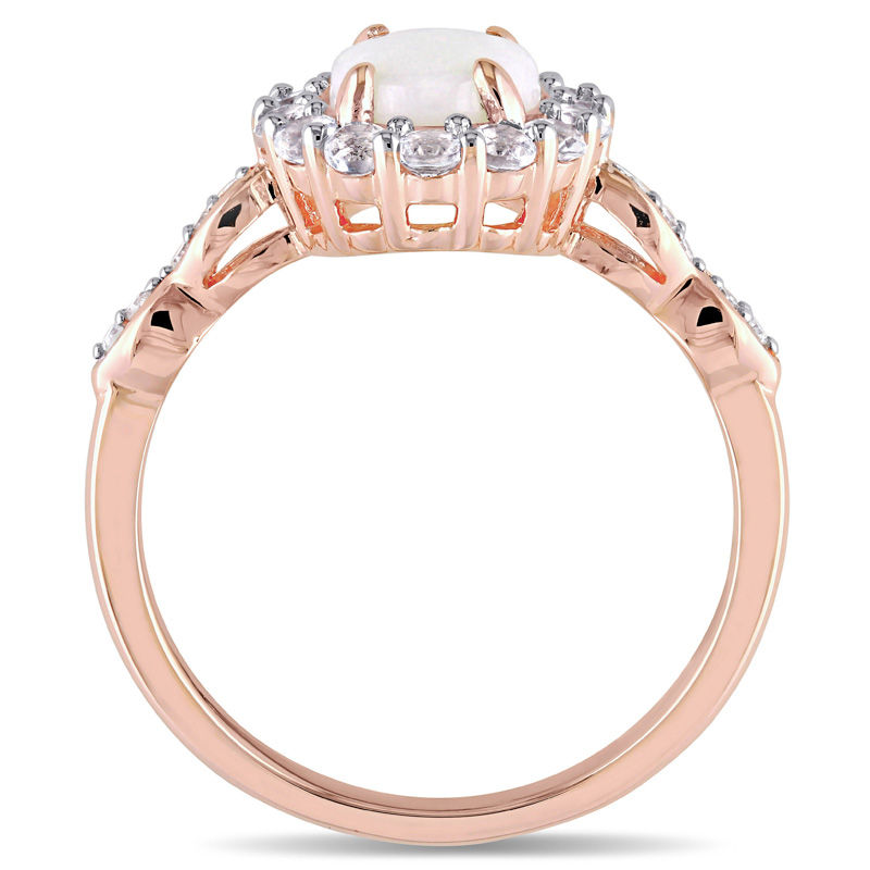 Oval Opal, White Topaz and Diamond Accent Frame Ring in 14K Rose Gold