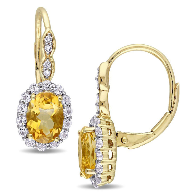 Oval Citrine, White Topaz and Diamond Accent Frame Drop Earrings in 14K Gold