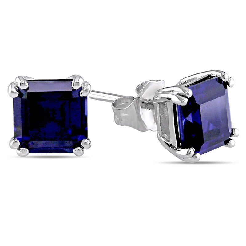 Main Image 1 of 6.0mm Emerald-Cut Lab-Created Blue Sapphire Stud Earrings in 10K White Gold