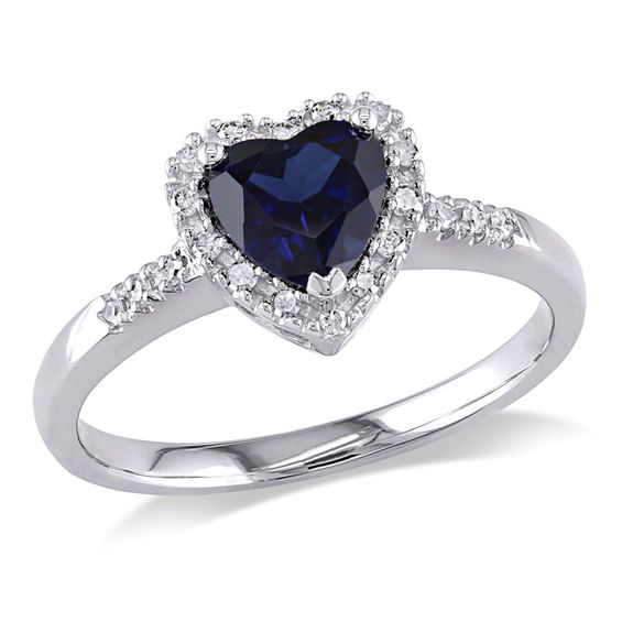 6.0mm Heart-Shaped Lab-Created Blue Sapphire and Diamond Accent Frame Ring in 10K White Gold 6.0mm Heart-Shaped Lab-Created Blue Sapphire and Diamond Accent Frame Ring in 10K White Gold
