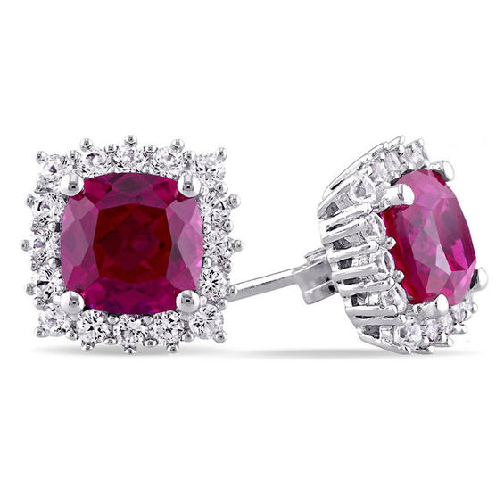 7.0mm Cushion-Cut Lab-Created Ruby and White Sapphire Frame Stud Earrings in Sterling Silver