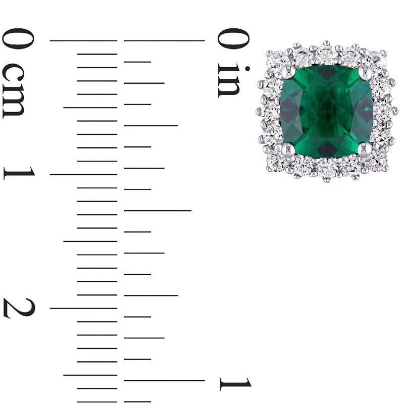 7.0mm Cushion-Cut Lab-Created Emerald and White Sapphire Frame Stud Earrings in Sterling Silver