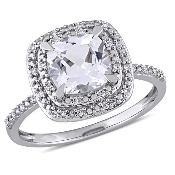 7.0mm Cushion-Cut Lab-Created White Sapphire and 1/10 CT. T.W. Diamond Double Frame Ring in 10K White Gold 7.0mm Cushion-Cut Lab-Created White Sapphire and 1/10 CT. T.W. Diamond Double Frame Ring in 10K White Gold
