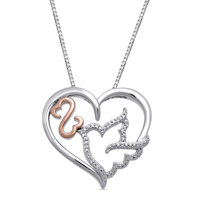 Open Hearts by Jane Seymour™ Diamond Accent Dove Heart Pendant in Sterling Silver and 10K Rose Gold